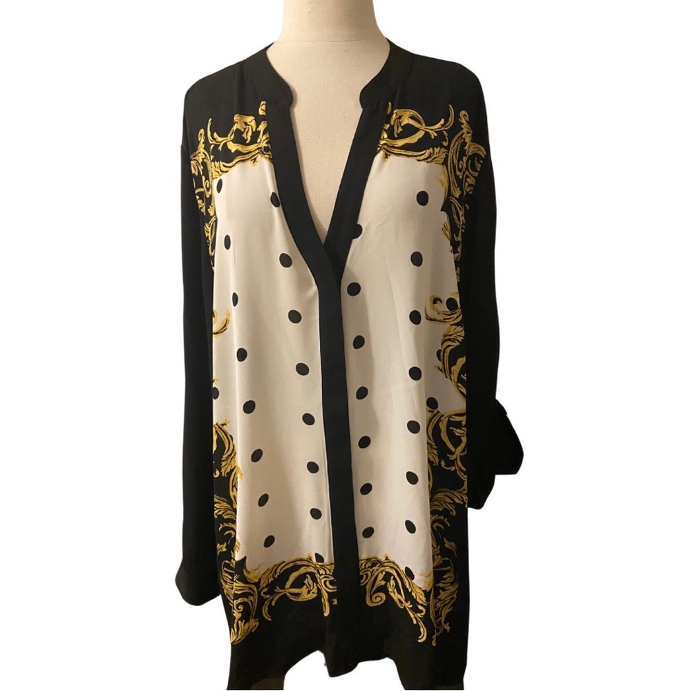ALFANI semi-sheer black patterned tunic Size 24W, polka dots and gold graphics